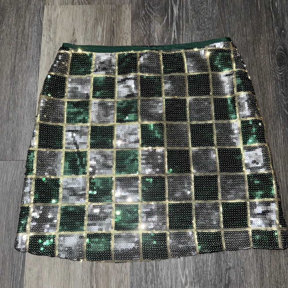 Judith March Green & Silver Checked Print Sequined Mini Skirt - Size Small